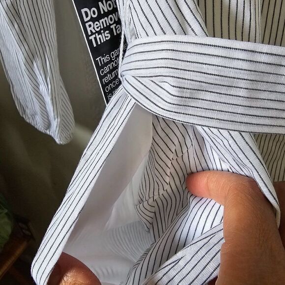 NWT EXPRESS PINSTRIPE BOATNECK SMOCKED/OFF SHOULDER BELTED SHORT DRESS SMALL - Picture 7 of 15